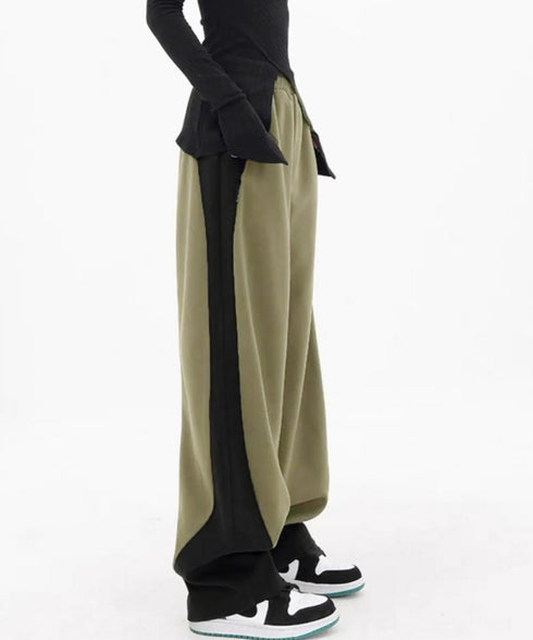 バイカラーワイドパンツ 韓国系ストリート レディース ハイウエストパンツ ウエストゴム パネルラインパンツ ゆったりランニングパンツ カジュアル ダンスパンツ人気 84DAIW-004
