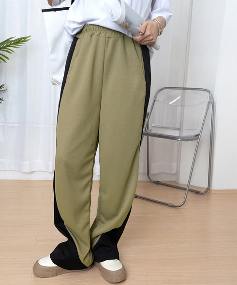 バイカラーワイドパンツ 韓国系ストリート レディース ハイウエストパンツ ウエストゴム パネルラインパンツ ゆったりランニングパンツ カジュアル ダンスパンツ人気 84DAIW-004