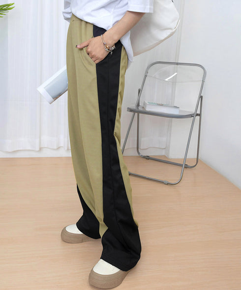 バイカラーワイドパンツ 韓国系ストリート レディース ハイウエストパンツ ウエストゴム パネルラインパンツ ゆったりランニングパンツ カジュアル ダンスパンツ人気 84DAIW-004