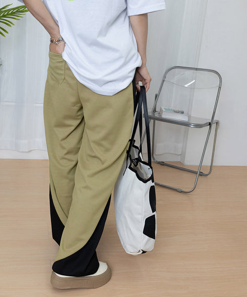 バイカラーワイドパンツ 韓国系ストリート レディース ハイウエストパンツ ウエストゴム パネルラインパンツ ゆったりランニングパンツ カジュアル ダンスパンツ人気 84DAIW-004