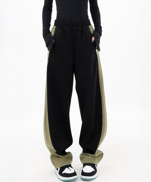 バイカラーワイドパンツ 韓国系ストリート レディース ハイウエストパンツ ウエストゴム パネルラインパンツ ゆったりランニングパンツ カジュアル ダンスパンツ人気 84DAIW-004