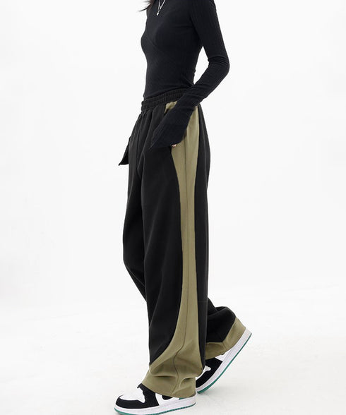 バイカラーワイドパンツ 韓国系ストリート レディース ハイウエストパンツ ウエストゴム パネルラインパンツ ゆったりランニングパンツ カジュアル ダンスパンツ人気 84DAIW-004