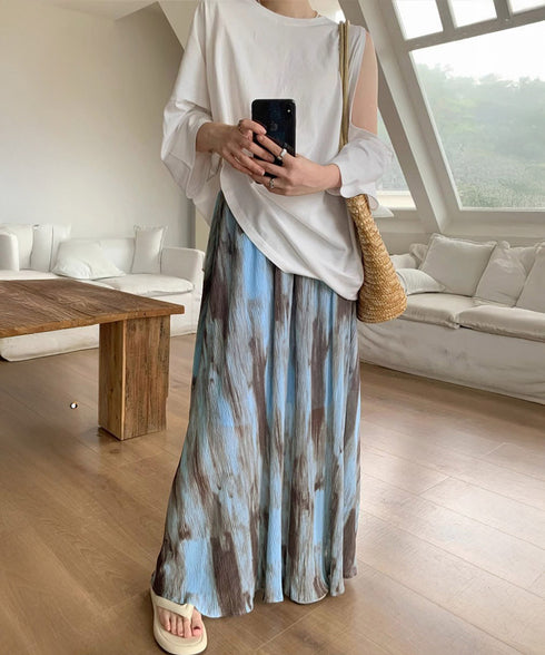 マキシスカート 春夏タイダイスカート薄手 ぼかし柄フレアスカート レディース 大人可愛い ハイウエス ロングスカート 美脚脚長 おしゃれ リゾートスカートきれいめ 84DAIW-005