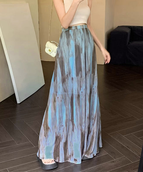 マキシスカート 春夏タイダイスカート薄手 ぼかし柄フレアスカート レディース 大人可愛い ハイウエス ロングスカート 美脚脚長 おしゃれ リゾートスカートきれいめ 84DAIW-005