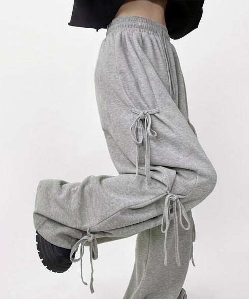 スウェットパンツサイドリボンワイドパンツ レディース ウエストゴム ストレートパンツ カジュアル ゆったり ロングパンツ 着やせボトムス 着回し長ズボン人気 無地 84DAIW-006
