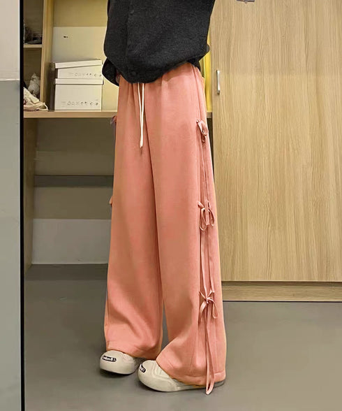 スウェットパンツサイドリボンワイドパンツ レディース ウエストゴム ストレートパンツ カジュアル ゆったり ロングパンツ 着やせボトムス 着回し長ズボン人気 無地 84DAIW-006