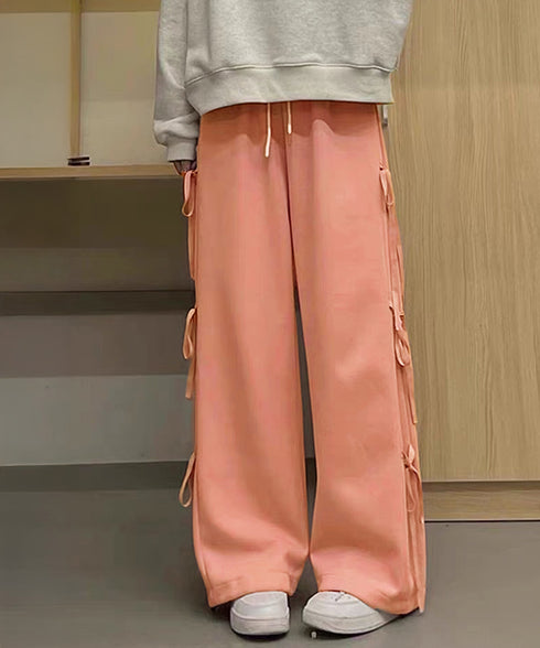 スウェットパンツサイドリボンワイドパンツ レディース ウエストゴム ストレートパンツ カジュアル ゆったり ロングパンツ 着やせボトムス 着回し長ズボン人気 無地 84DAIW-006