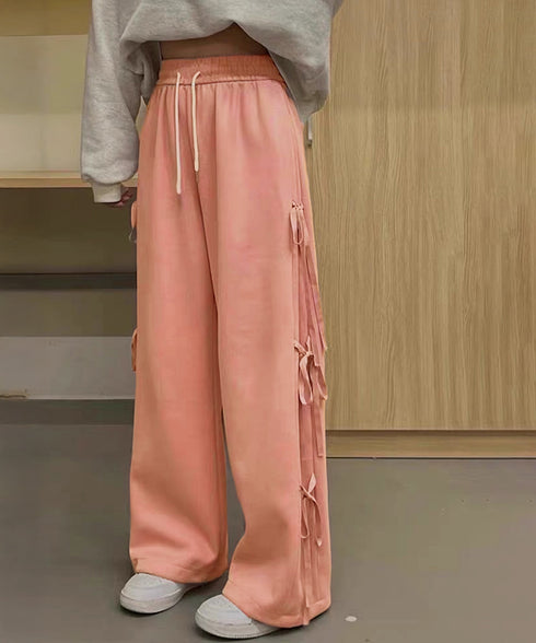 スウェットパンツサイドリボンワイドパンツ レディース ウエストゴム ストレートパンツ カジュアル ゆったり ロングパンツ 着やせボトムス 着回し長ズボン人気 無地 84DAIW-006