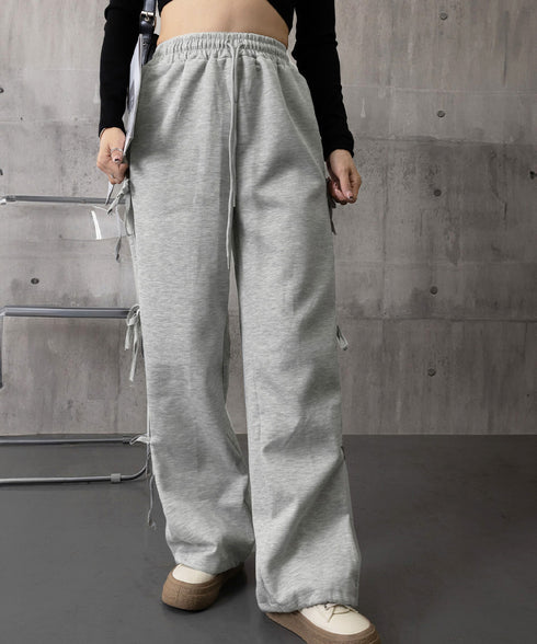 スウェットパンツサイドリボンワイドパンツ レディース ウエストゴム ストレートパンツ カジュアル ゆったり ロングパンツ 着やせボトムス 着回し長ズボン人気 無地 84DAIW-006