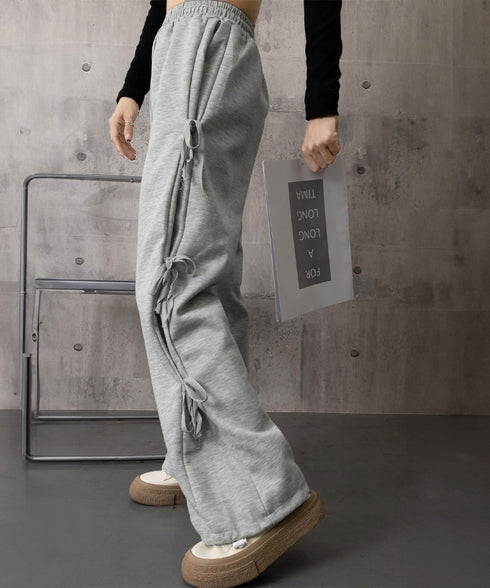 スウェットパンツサイドリボンワイドパンツ レディース ウエストゴム ストレートパンツ カジュアル ゆったり ロングパンツ 着やせボトムス 着回し長ズボン人気 無地 84DAIW-006