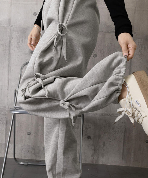 スウェットパンツサイドリボンワイドパンツ レディース ウエストゴム ストレートパンツ カジュアル ゆったり ロングパンツ 着やせボトムス 着回し長ズボン人気 無地 84DAIW-006