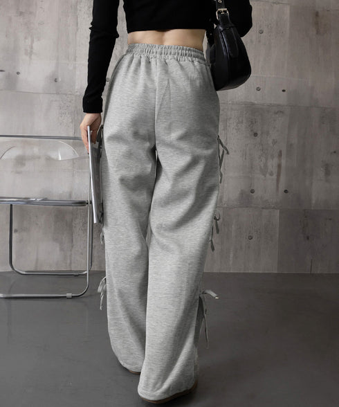 スウェットパンツサイドリボンワイドパンツ レディース ウエストゴム ストレートパンツ カジュアル ゆったり ロングパンツ 着やせボトムス 着回し長ズボン人気 無地 84DAIW-006