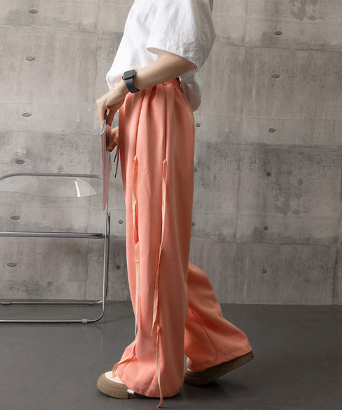 スウェットパンツサイドリボンワイドパンツ レディース ウエストゴム ストレートパンツ カジュアル ゆったり ロングパンツ 着やせボトムス 着回し長ズボン人気 無地 84DAIW-006