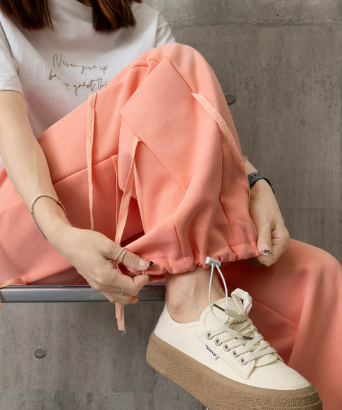 スウェットパンツサイドリボンワイドパンツ レディース ウエストゴム ストレートパンツ カジュアル ゆったり ロングパンツ 着やせボトムス 着回し長ズボン人気 無地 84DAIW-006