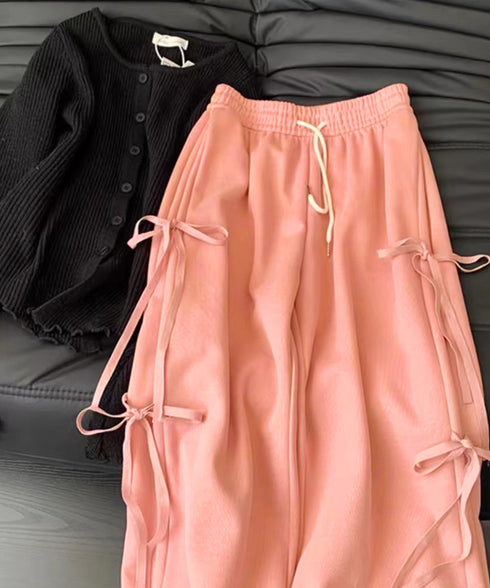 スウェットパンツサイドリボンワイドパンツ レディース ウエストゴム ストレートパンツ カジュアル ゆったり ロングパンツ 着やせボトムス 着回し長ズボン人気 無地 84DAIW-006