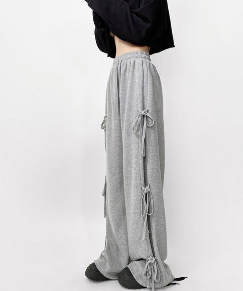 スウェットパンツサイドリボンワイドパンツ レディース ウエストゴム ストレートパンツ カジュアル ゆったり ロングパンツ 着やせボトムス 着回し長ズボン人気 無地 84DAIW-006