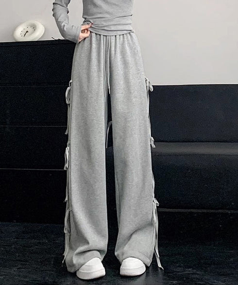 スウェットパンツサイドリボンワイドパンツ レディース ウエストゴム ストレートパンツ カジュアル ゆったり ロングパンツ 着やせボトムス 着回し長ズボン人気 無地 84DAIW-006