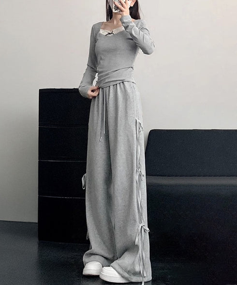 スウェットパンツサイドリボンワイドパンツ レディース ウエストゴム ストレートパンツ カジュアル ゆったり ロングパンツ 着やせボトムス 着回し長ズボン人気 無地 84DAIW-006