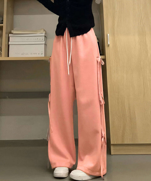 スウェットパンツサイドリボンワイドパンツ レディース ウエストゴム ストレートパンツ カジュアル ゆったり ロングパンツ 着やせボトムス 着回し長ズボン人気 無地 84DAIW-006