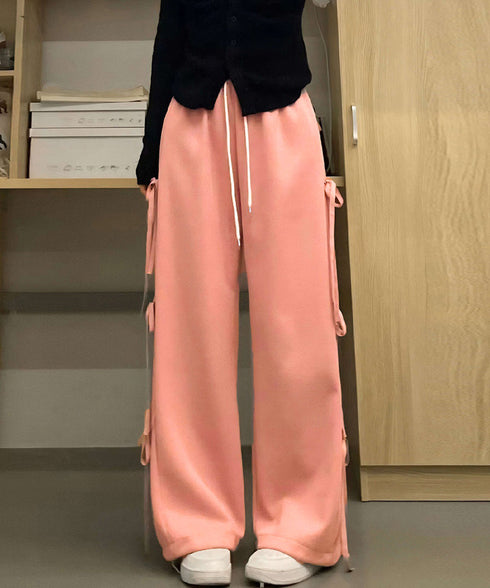 スウェットパンツサイドリボンワイドパンツ レディース ウエストゴム ストレートパンツ カジュアル ゆったり ロングパンツ 着やせボトムス 着回し長ズボン人気 無地 84DAIW-006