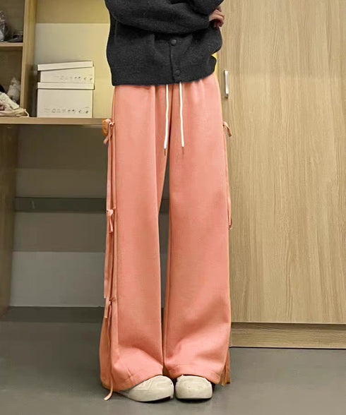 スウェットパンツサイドリボンワイドパンツ レディース ウエストゴム ストレートパンツ カジュアル ゆったり ロングパンツ 着やせボトムス 着回し長ズボン人気 無地 84DAIW-006