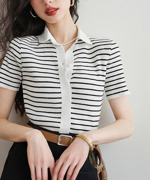 ボーダー柄ニットポロシャツレディース半袖 ニットtシャツ 薄手サマーニット 襟付きカットソー カジュアル夏服 着やせニット Vネックニットトップス 前開き 韓国風 84DAIW-007