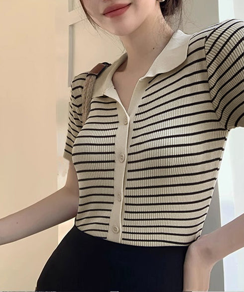 ボーダー柄ニットポロシャツレディース半袖 ニットtシャツ 薄手サマーニット 襟付きカットソー カジュアル夏服 着やせニット Vネックニットトップス 前開き 韓国風 84DAIW-007