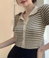 ボーダー柄ニットポロシャツレディース半袖 ニットtシャツ 薄手サマーニット 襟付きカットソー カジュアル夏服 着やせニット Vネックニットトップス 前開き 韓国風 84DAIW-007