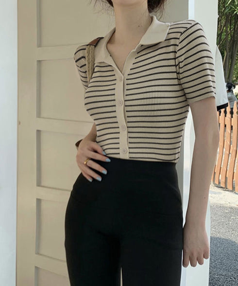 ボーダー柄ニットポロシャツレディース半袖 ニットtシャツ 薄手サマーニット 襟付きカットソー カジュアル夏服 着やせニット Vネックニットトップス 前開き 韓国風 84DAIW-007