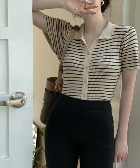 ボーダー柄ニットポロシャツレディース半袖 ニットtシャツ 薄手サマーニット 襟付きカットソー カジュアル夏服 着やせニット Vネックニットトップス 前開き 韓国風 84DAIW-007