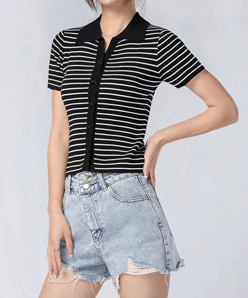 ボーダー柄ニットポロシャツレディース半袖 ニットtシャツ 薄手サマーニット 襟付きカットソー カジュアル夏服 着やせニット Vネックニットトップス 前開き 韓国風 84DAIW-007