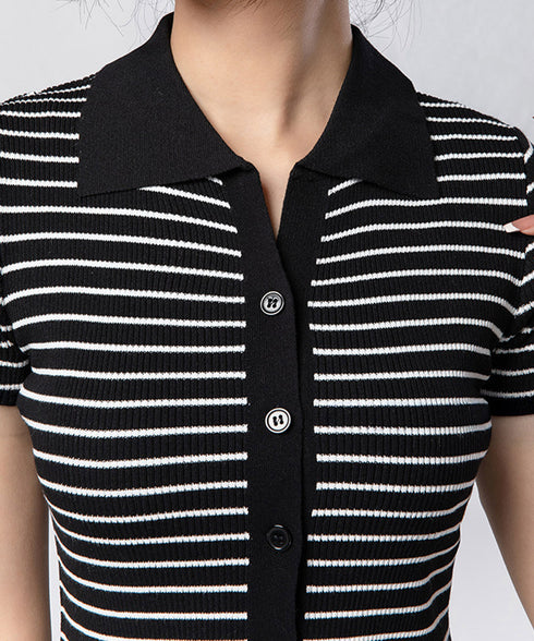 ボーダー柄ニットポロシャツレディース半袖 ニットtシャツ 薄手サマーニット 襟付きカットソー カジュアル夏服 着やせニット Vネックニットトップス 前開き 韓国風 84DAIW-007