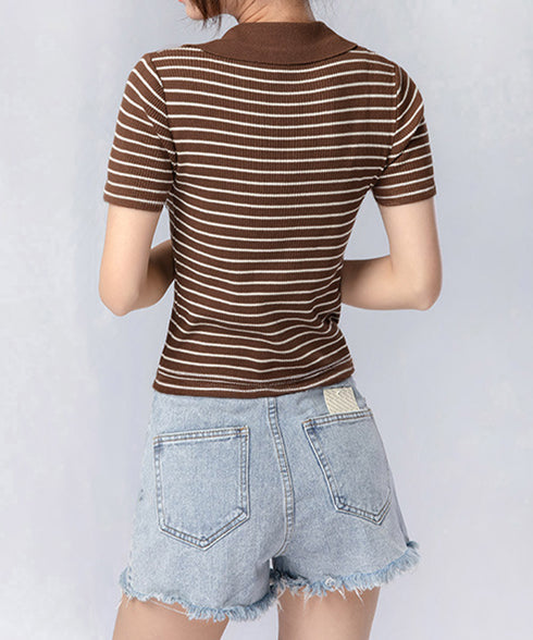 ボーダー柄ニットポロシャツレディース半袖 ニットtシャツ 薄手サマーニット 襟付きカットソー カジュアル夏服 着やせニット Vネックニットトップス 前開き 韓国風 84DAIW-007