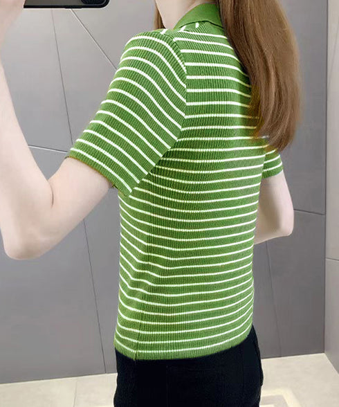 ボーダー柄ニットポロシャツレディース半袖 ニットtシャツ 薄手サマーニット 襟付きカットソー カジュアル夏服 着やせニット Vネックニットトップス 前開き 韓国風 84DAIW-007