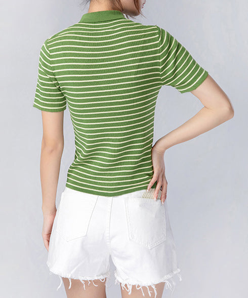 ボーダー柄ニットポロシャツレディース半袖 ニットtシャツ 薄手サマーニット 襟付きカットソー カジュアル夏服 着やせニット Vネックニットトップス 前開き 韓国風 84DAIW-007