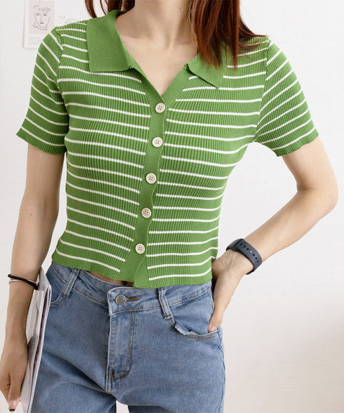 ボーダー柄ニットポロシャツレディース半袖 ニットtシャツ 薄手サマーニット 襟付きカットソー カジュアル夏服 着やせニット Vネックニットトップス 前開き 韓国風 84DAIW-007