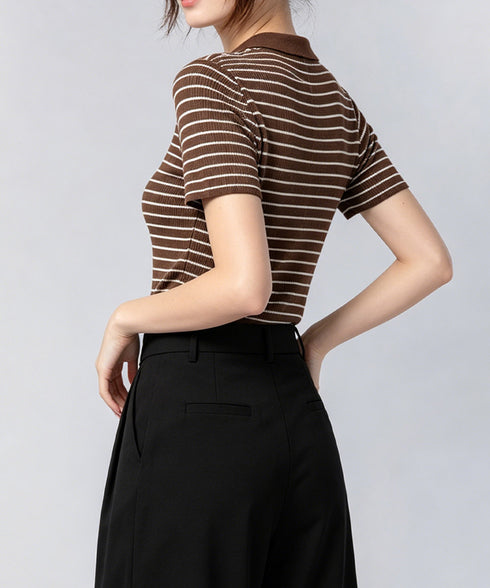 ボーダー柄ニットポロシャツレディース半袖 ニットtシャツ 薄手サマーニット 襟付きカットソー カジュアル夏服 着やせニット Vネックニットトップス 前開き 韓国風 84DAIW-007