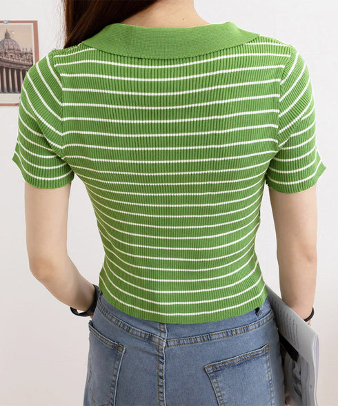 ボーダー柄ニットポロシャツレディース半袖 ニットtシャツ 薄手サマーニット 襟付きカットソー カジュアル夏服 着やせニット Vネックニットトップス 前開き 韓国風 84DAIW-007