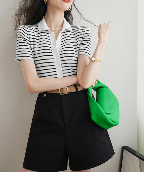 ボーダー柄ニットポロシャツレディース半袖 ニットtシャツ 薄手サマーニット 襟付きカットソー カジュアル夏服 着やせニット Vネックニットトップス 前開き 韓国風 84DAIW-007