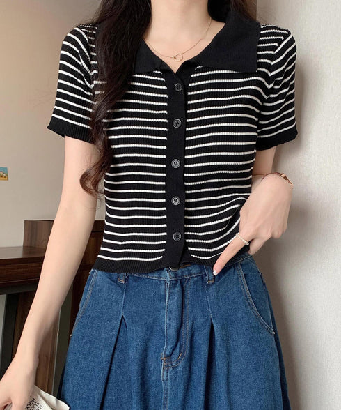 ボーダー柄ニットポロシャツレディース半袖 ニットtシャツ 薄手サマーニット 襟付きカットソー カジュアル夏服 着やせニット Vネックニットトップス 前開き 韓国風 84DAIW-007