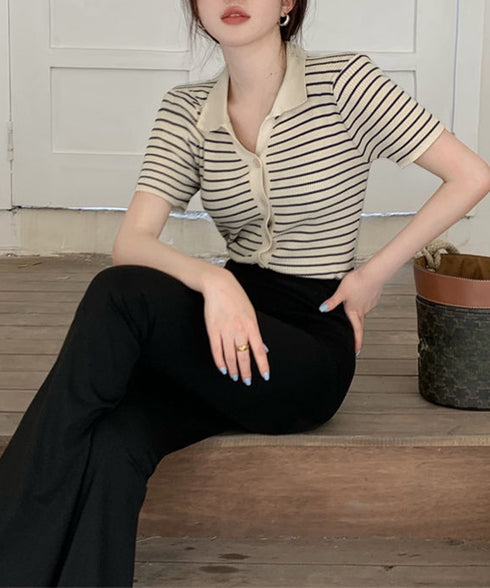 ボーダー柄ニットポロシャツレディース半袖 ニットtシャツ 薄手サマーニット 襟付きカットソー カジュアル夏服 着やせニット Vネックニットトップス 前開き 韓国風 84DAIW-007