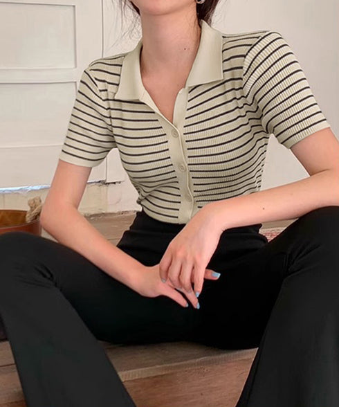 ボーダー柄ニットポロシャツレディース半袖 ニットtシャツ 薄手サマーニット 襟付きカットソー カジュアル夏服 着やせニット Vネックニットトップス 前開き 韓国風 84DAIW-007