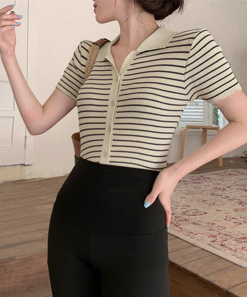 ボーダー柄ニットポロシャツレディース半袖 ニットtシャツ 薄手サマーニット 襟付きカットソー カジュアル夏服 着やせニット Vネックニットトップス 前開き 韓国風 84DAIW-007