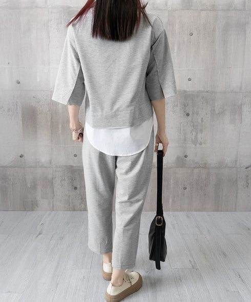 セットアップ レイヤード風カットソー春夏 重ね着風トップス シンプル 7分袖スウェットトップス 七分丈センタープレスパンツ 大人カジュア2点セット ゆったり韓国風 84DAIW-009