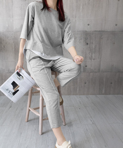セットアップ レイヤード風カットソー春夏 重ね着風トップス シンプル 7分袖スウェットトップス 七分丈センタープレスパンツ 大人カジュア2点セット ゆったり韓国風 84DAIW-009