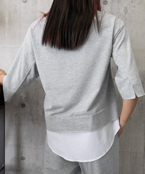 セットアップ レイヤード風カットソー春夏 重ね着風トップス シンプル 7分袖スウェットトップス 七分丈センタープレスパンツ 大人カジュア2点セット ゆったり韓国風 84DAIW-009