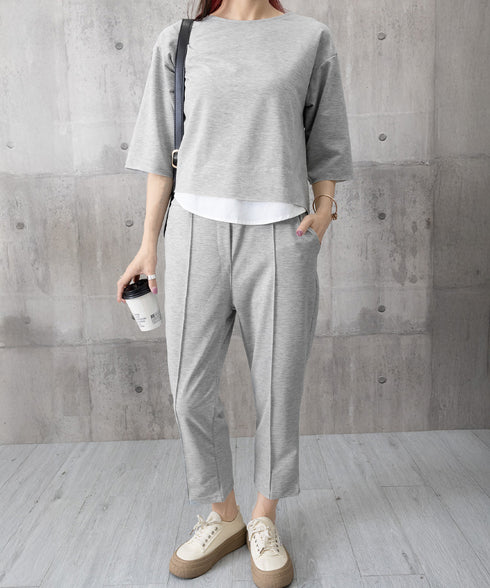 セットアップ レイヤード風カットソー春夏 重ね着風トップス シンプル 7分袖スウェットトップス 七分丈センタープレスパンツ 大人カジュア2点セット ゆったり韓国風 84DAIW-009