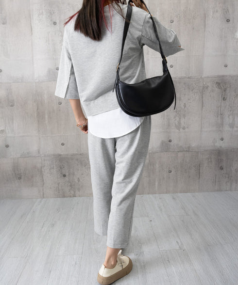 セットアップ レイヤード風カットソー春夏 重ね着風トップス シンプル 7分袖スウェットトップス 七分丈センタープレスパンツ 大人カジュア2点セット ゆったり韓国風 84DAIW-009