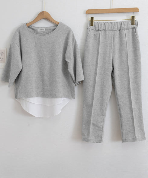セットアップ レイヤード風カットソー春夏 重ね着風トップス シンプル 7分袖スウェットトップス 七分丈センタープレスパンツ 大人カジュア2点セット ゆったり韓国風 84DAIW-009