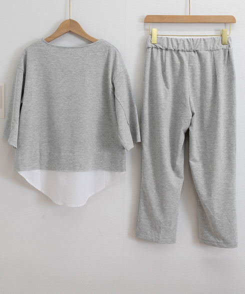 セットアップ レイヤード風カットソー春夏 重ね着風トップス シンプル 7分袖スウェットトップス 七分丈センタープレスパンツ 大人カジュア2点セット ゆったり韓国風 84DAIW-009